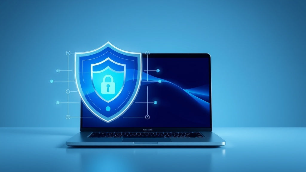MacBook protégé par un bouclier numérique symbolisant la sécurité antivirus en 2026
