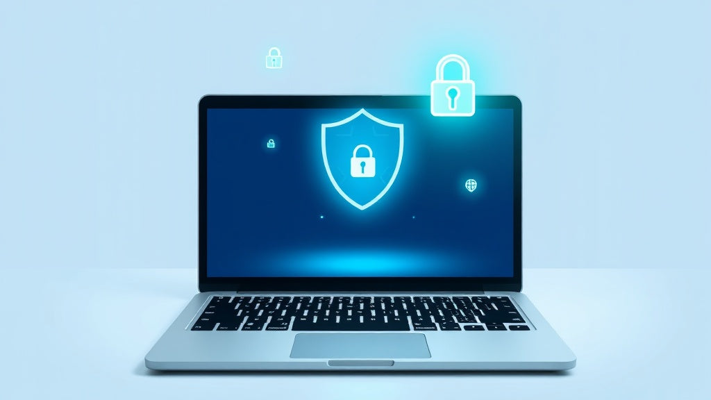 Illustration d'un ordinateur portable protégé par un bouclier numérique représentant AVG Internet Security 2026