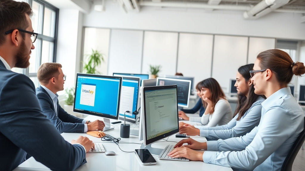 Équipe Fast Software travaillant sur des solutions Microsoft dans un bureau moderne avec ordinateurs et logos Windows et Office