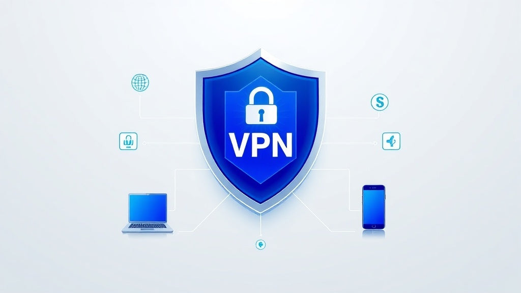 Illustration de McAfee Total Protection 2026 avec bouclier de sécurité et appareils multiples protégés