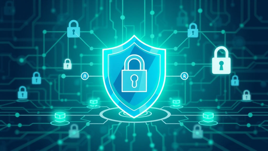 Illustration professionnelle représentant la cybersécurité en 2025 avec des éléments de protection des données, bouclier numérique et réseau sécurisé