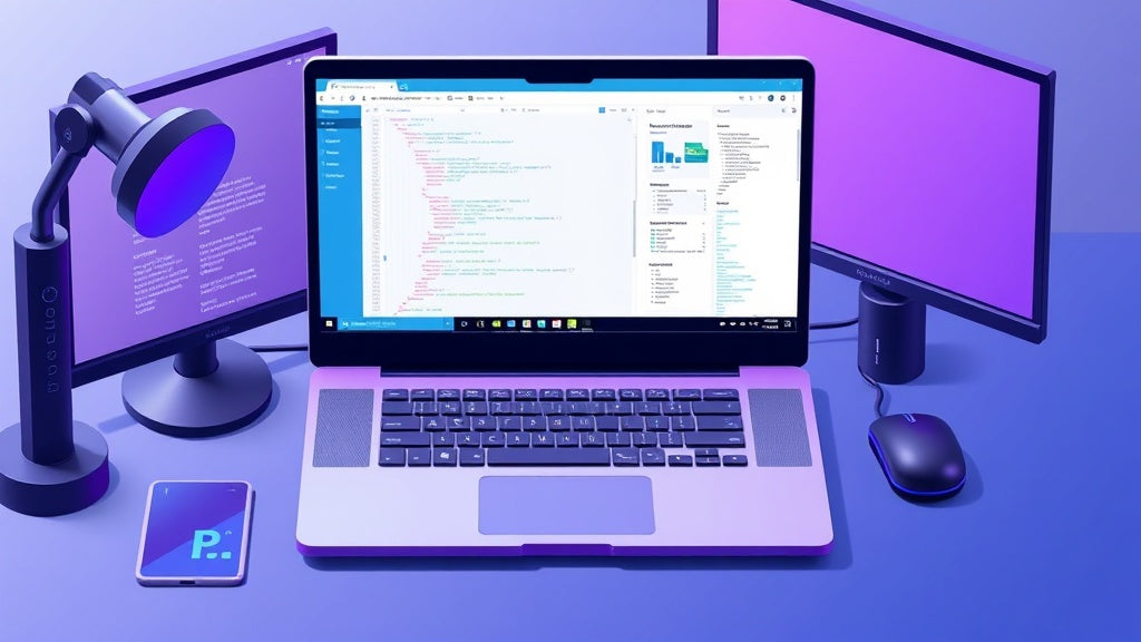 Configuration PC portable développeur avec éditeur de code, conteneurs Docker et environnement de développement moderne