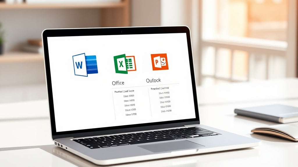 MacBook Pro affichant les applications Microsoft Office (Word, Excel, PowerPoint) avec comparaison de licences perpétuelles et abonnements Microsoft 365