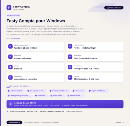 Logiciel Comptabilité Simple pour Micro-Entreprises - Fasty Compta - 1 Mois (14jours d'essai)