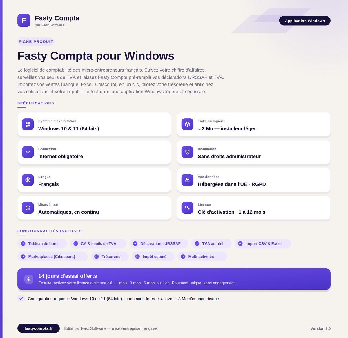 Logiciel Comptabilité Simple pour Micro-Entreprises - Fasty Compta - 3 Mois (14jours d'essai)