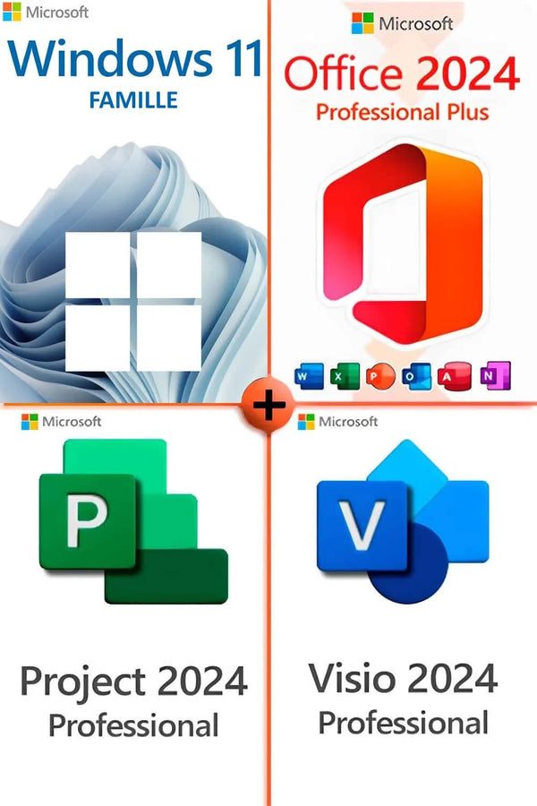 Méga Pack Windows 11 Famille + Office 2024 Pro Plus+ Visio 2024 + Project 2024